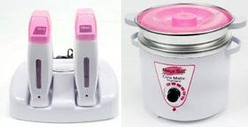 Termocera Panela Depilação 900g c/ Refil + Base Dupla com 2 Rollon Branco c/ Rosa Mega Bell Termocera Panela Depilação 900g c/ Refil + Base Dupla com 2 Rollon Branco c/ Rosa Mega Bell