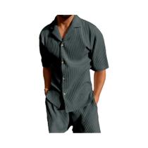 Terno de Veludo Casual - Camisa de Manga Curta e Shorts para Praia (Primavera/Verão)