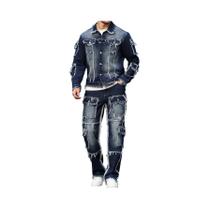 Terno jeans masculino primavera e outono, design com vários bolsos, estilo calças largas e retas