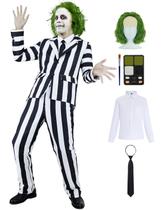 Terno listrado em preto e branco, trajes masculinos assustadores de Halloween, comédia de terror para adultos, personagem de filmes, roupa de cosplay com camisa branca, gravata preta KF018-3XL Terno listrado em preto e branco, trajes masculinos assustadores de Halloween, comédia de terror para adultos, personagem de filmes, roupa de cosplay com camisa branca, gravata preta KF018-3XL