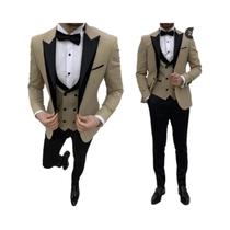 Terno Slim Fit Branco Para Homens 3 Peças Com Paletó De Lapela Preta, Calças E Colete Para Casamento