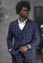 Terno Slim Masculino Poliviscose Azul Marinho Xadrez Jordhan