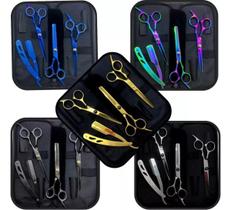 Tesoura Cabelo Fio Desbaste Profissional Aço Inox Barbearia Cor Dourado/ Azul