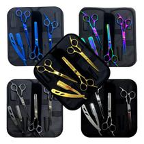 Tesoura Cabelo Fio Desbaste Profissional Aço Inox Barbearia Cor Dourado/ Azul
