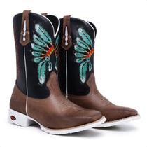 Texana Sola Branca Masculina Bota Country Bico Quadrado Couro Bordado Cocar Indio