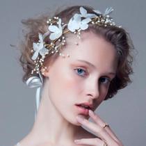 Tiara Arranjo Cabelo Noiva Pérola Fio Strass Dourado Flor -