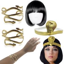 Tiara Cleópatra Egípcia Com 2 Braceletes Peruca Serpente Diadema Rainha Cobra Fantasia - q-festa