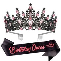 Tiara Crown VELSCRUN de cristal rosa-preto para mulheres com faixa Tiara Crown VELSCRUN de cristal rosa-preto para mulheres com faixa