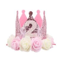 Tiara De Aniversário Princesa Rosa 1-5T Para Meninas Bebê, Faixa De Cabelo Para Festa Com Glitter