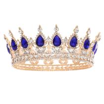 Tiara de coroa de casamento FORSEVEN Queen Rhinestone dourado+azul