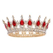 Tiara de coroa de casamento FORSEVEN Queen Rhinestone dourado+vermelho