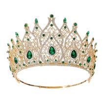 Tiara de coroa dourada com strass verdes e transparentes para uso especial