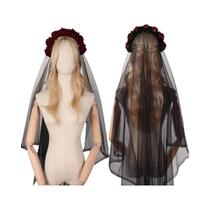 Tiara De Noiva Com Véu, Design De Caveira, Teia De Aranha E Rosa Preta E Vermelha, Acessório De Tiara De Noiva Com Véu, Design De Caveira, Teia De Aranha E Rosa Preta E Vermelha, Acessório De