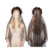 Tiara De Noiva Com Véu, Design De Caveira, Teia De Aranha E Rosa Preta E Vermelha, Acessório De Tiara De Noiva Com Véu, Design De Caveira, Teia De Aranha E Rosa Preta E Vermelha, Acessório De