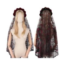 Tiara De Noiva Com Véu Em Forma De Crânio De Rosa Vermelha E Preta Com Teia De Aranha, Acessórios