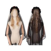 Tiara De Noiva Com Véu Em Forma De Crânio De Rosa Vermelha E Preta Com Teia De Aranha, Acessórios