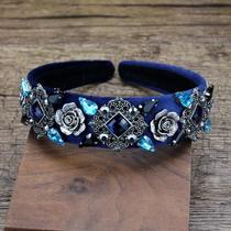 Tiara De Veludo Vintage Azul Marinho Com Cristais E Flores Para Mulheres, Joia De Cabelo Da Moda
