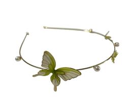 Tiara Dourada Fina Borboletas Verdes Mescladas 3D e Mini Pérolas