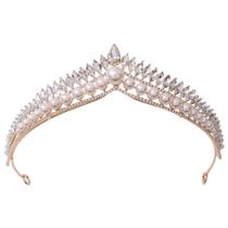 Tiara elegante com coroa de pérolas, chapéu de casamento dourado, cristal Tiara elegante com coroa de pérolas, chapéu de casamento dourado, cristal