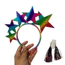 Tiara Estrela + Brinco Colorido Holográfico Kit Carnaval