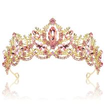 Tiara Exacoo Pink Crystal Strass banhados a ouro para mulheres