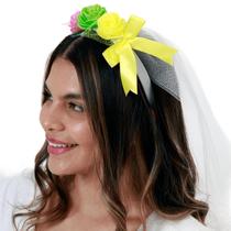 Tiara Festa Junina Noiva com Véu e Flores Coloridas