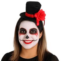 Tiara Halloween Mini Cartola Preta com Flor Vermelha Tiara Halloween Mini Cartola Preta com Flor Vermelha