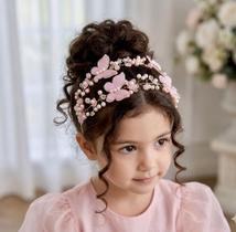Tiara Jardim das Borboletas Duas Voltas Rosa Claro - Acessório Infantil