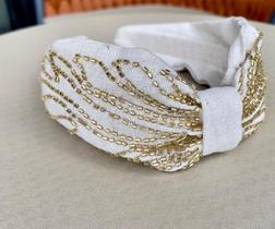 Tiara turbante laço linho bordado dourado luxo - FOLL