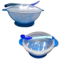 Tigela Bebê Tipo Bowl com Tampa e Ventosa mais Colher Silicone Sensor Azul