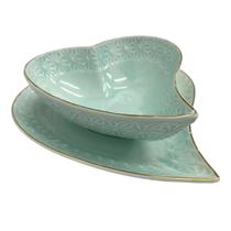 Tigela ceramica coracao c/ prato azul