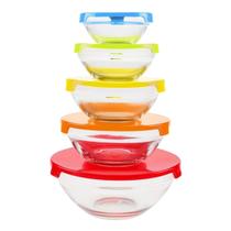 Tigelas De Vidro Com Tampa Plastica Colorida 5 Peças Tigelas De Vidro Com Tampa Plastica Colorida 5 Peças