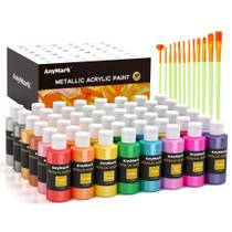 Tinta Acrílica Metálica AnyMark, 48 Cores com 12 Pincéis, Frascos de 60ml, Conjunto de Tinta Acrílica Glitter para Crianças e Adultos em Tela, Pedra, Madeira
