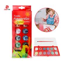 Tinta Aquarela em Pastilha 12 Cores Glitter Escolar Pintura Art Desenhos