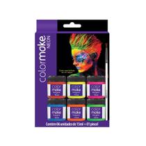 Tinta Artística Fluor Neon 6 cores Brilha na Luz Negra 15ml + Pincel Maquiagem Colormake