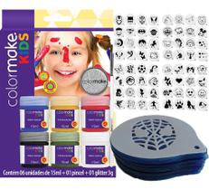 Tinta Corporal Rosto Infantil Color make+ Pincel +glitter + 64 Stencil