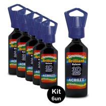 Tinta Dimensional Relevo Brilhante 3D Color Preto Kit 6un Acrilex Ideal para Tecido Papel Madeira Couro Cerâmica Gesso