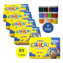 Tinta Guache 12 Cores Kit 5 Caixas Escolar Infantil Não Tóxica Maripel ideal para trabalhos escolares