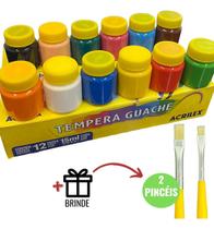 Tinta Guache Acrilex 12 cores 15ml Tempera Guache com 2 pinceis