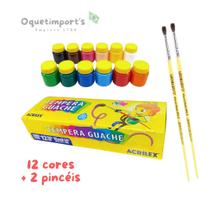 Tinta Tempera Guache 12 Cores Acrilex 2 pincéis Leo e Leo Não tóxico Tinta Tempera Guache 12 Cores Acrilex 2 pincéis Leo e Leo Não tóxico