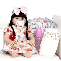 Tipo Boneca Bebê Reborn Fofa Morena Realista Grande 13 Itens