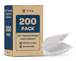 TIYA Clamshell Food Containers - White Bulk 200 Pack, 9x6in. - BPA Free Plastic To-Go Storage Containers - Microwavable Hinged Restaurant Takeout Tall Clamshells - Ótimo para Preparação de Refeições