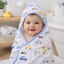 Toalha Banho Capuz Malha Forrada Fralda Soft 94x70cm bebe Infantil macia Enxoval criança estampada carros azul amarelo Papi Textil