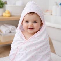 Toalha Banho Capuz Malha Forrada Fralda Soft 94x70cm bebe Infantil macia Enxoval criança estampada gotas rosa Papi Textil