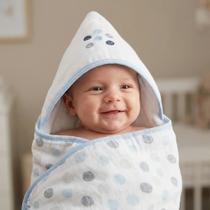 Toalha Banho Fralda Capuz Bordado Bebê 100 algodão 1,10x90cm Soft Enxoval Infantil macia Estampa Bolinhas poá azul e cinza Papi Textil