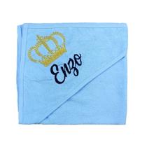 Toalha de banho azul com capuz bordado coroa personalizado com o nome do bebê