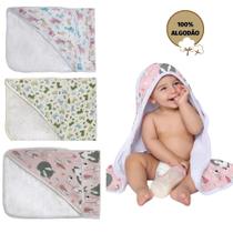 Toalha de banho bebe com capuz forrada fralda estampada infantil 100% algodão macia