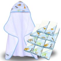 Toalha de Banho Bebe Dupla Camada com Capuz e Forro Fralda + 11 Pano de Boca Bebe Dupla Camada Estampado 100% Algodão - Mãe e Filho Enxovais