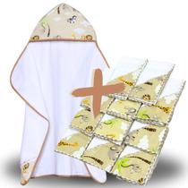 Toalha de Banho Bebe Dupla Camada com Capuz e Forro Fralda + 11 Pano de Boca Bebe Dupla Camada Estampado 100% Algodão - Mãe e Filho Enxovais