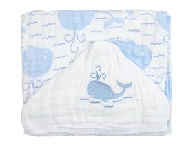 Toalha de Banho Bebe Soft Com Capuz Bordada Baleia Para Menino 85cmx85cm 100% Algodão